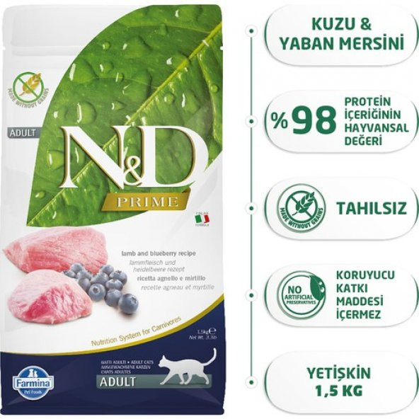 N&D Prime Tahılsız 1,5 kg Kuzu Etli Yaban Mersinli Yetişkin Kedi Maması