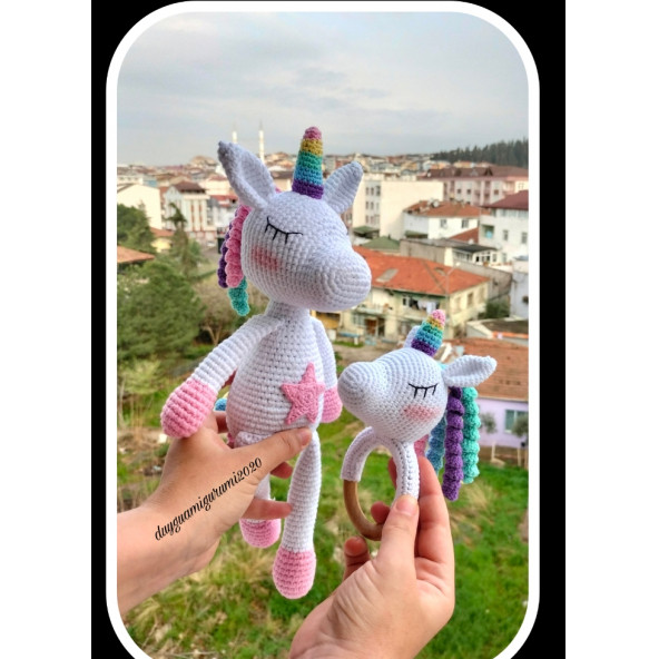 Amigurumi unicorn Çıngırak seti uyku arkadaşı oyuncak pony at bebek hediyelik oyuncak