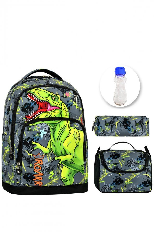 Gri Roarr Dinozor Çanta + Beslenme + Kalemlik + Suluk - Okul Çantası Erkek Çanta Çocuk Sırt Çantası - 1