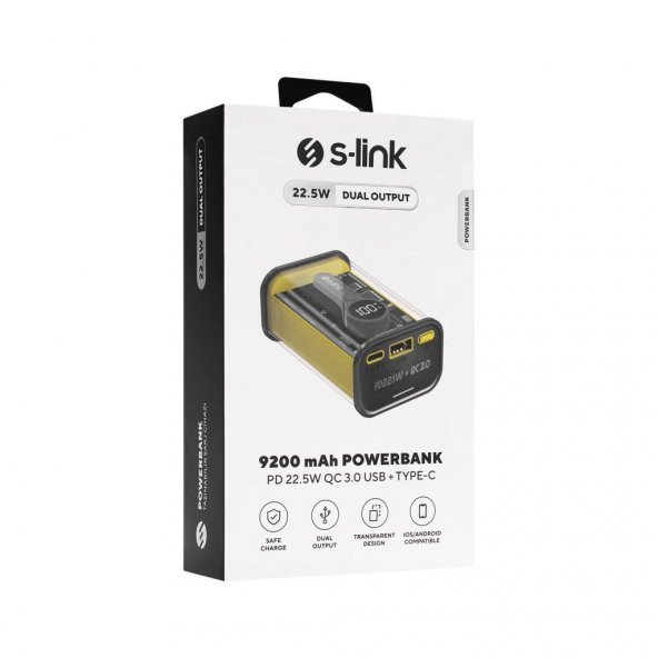 S-link V92 9200mAh PD22.5W + QC3.0 USB+Type-C Gri/Sarı LCD Şeffaf Taşınabilir Pil Şarj Cihazı Powerbank - 6