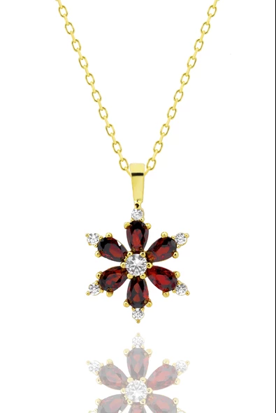 Kamelya Serisi Kırmızı Garnet Lal Zirkon Taşlı Çiçek Kolye 925 Ayar Gümüş Zincirli Kolye - 3