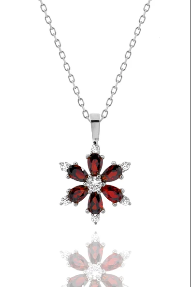 Kamelya Serisi Kırmızı Garnet Lal Zirkon Taşlı Çiçek Kolye 925 Ayar Gümüş Zincirli Kolye