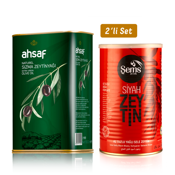 AHSAF  Natürel Sızma Zeytinyağı 1L -Teneke +Yağlı Sele Siyah Zeytin 900 Gr 291-320 Kalibre (2li Ekonomik Paket)