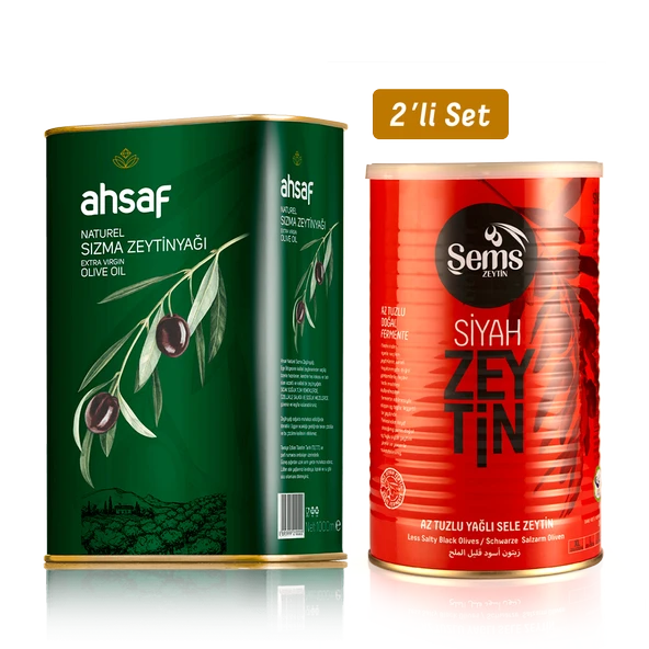 Natürel Sızma Zeytinyağı 1L -Teneke +Yağlı Sele Siyah Zeytin 900 Gr 291-320 Kalibre (2'li Ekonomik Paket) ürün görseli