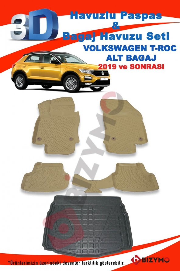 Volkswagen T-Roc 2019+ 3D Havuzlu Bej Paspas + Alt Bagaj Havuzu - 2