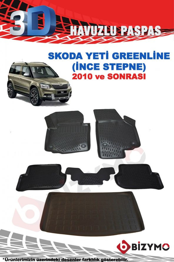 Skoda Yeti 2010+ Greenline İnce Stepne Havuzlu Paspas ve Bagaj Seti Bizymo - 2
