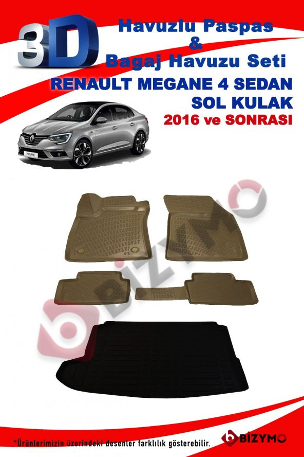 Renault Megane 4 Sedan Sol Kulak Bej Havuzlu Paspas ve Bagaj Seti Bizymo - 2