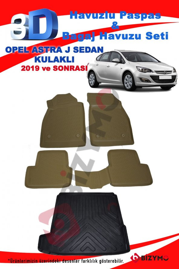 Opel Astra J Sedan Kulaklı 2019+ Bej Havuzlu Paspas ve Bagaj Seti Bizymo - 2