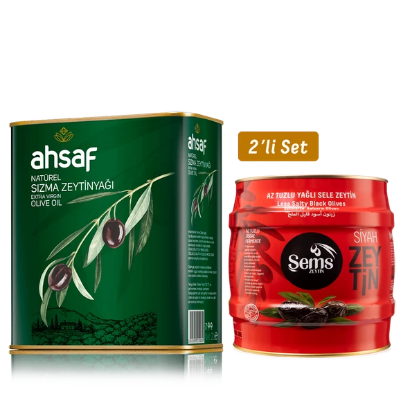 AHSAF Natürel Sızma Zeytinyağı 2L Teneke  + Yağlı  Siyah  Sele Zeytin 2 Kg  291-320 Kalibre (2'li Ekonomik Paket)