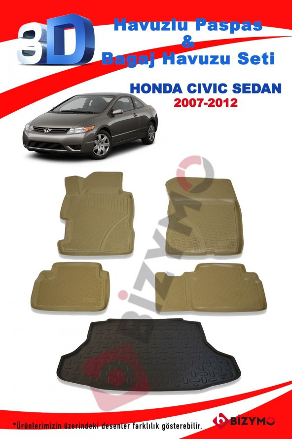 Honda Civic Sedan 2007-2012 Bej Havuzlu Paspas ve Bagaj Seti Bizymo - 2