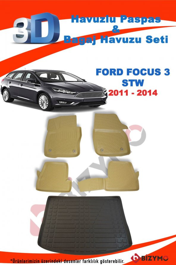 Ford Focus 3 2011-2014 Bej Stw Havuzlu Paspas ve Bagaj Seti Bizymo - 2