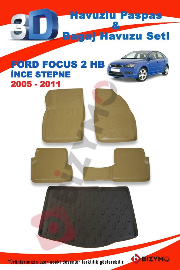Ford Focus 2 Hb (İnce Stepne) 2005-2011 Bej Paspas ve Bagaj Havuzu Seti