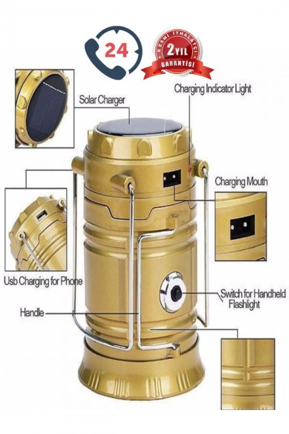 Şarjlı Kamp Lambası Güneş Enerjili Kızaklı Kamp Feneri Led Lamba Işıldak - 2