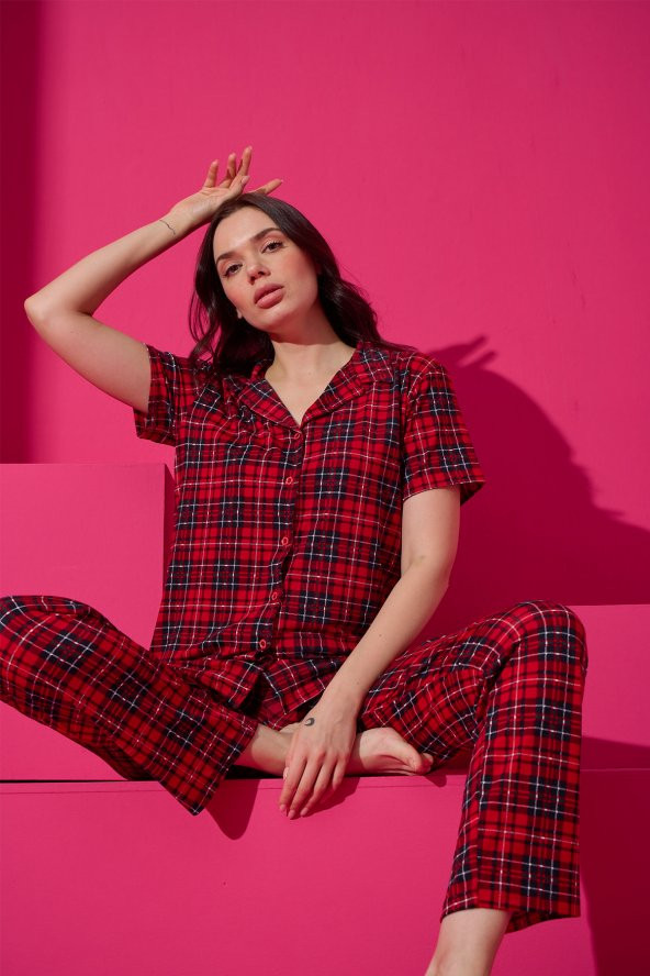 Kadın Gömlek Yaka Desenli Pijama Takımı  1124 - 2