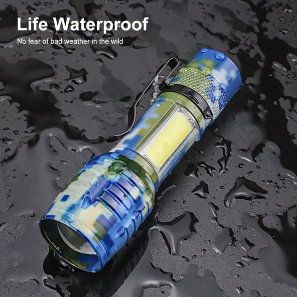 Tak-02 Ultra Güçlü 2500 Lumens + 5w Cob Led Usb Şarjlı El Feneri Kutulu Kamp Feneri Avcılık Feneri