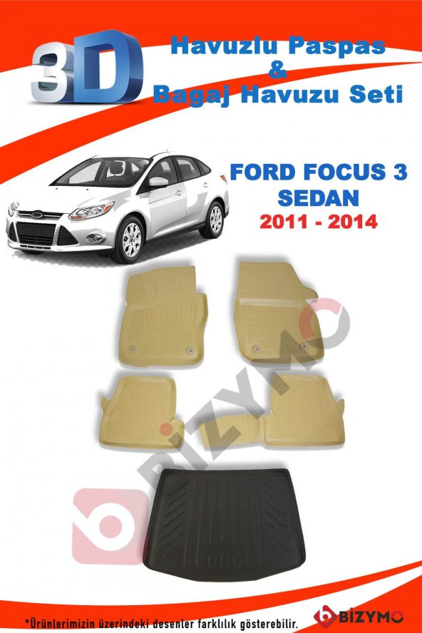 Ford Focus 3 Sedan 2011-14 Bej Havuzlu Paspas + Bagaj Set Bizymo - Resim 2