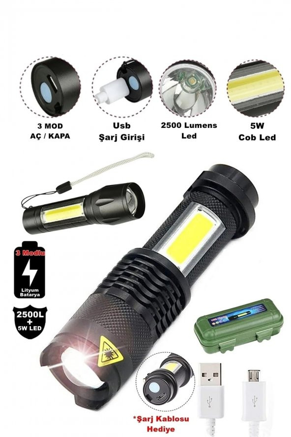 Tak-02 Ultra Güçlü 2500 Lumens + 5w Cob Led Usb Şarjlı El Feneri Kutulu Kamp Feneri Avcılık Pro