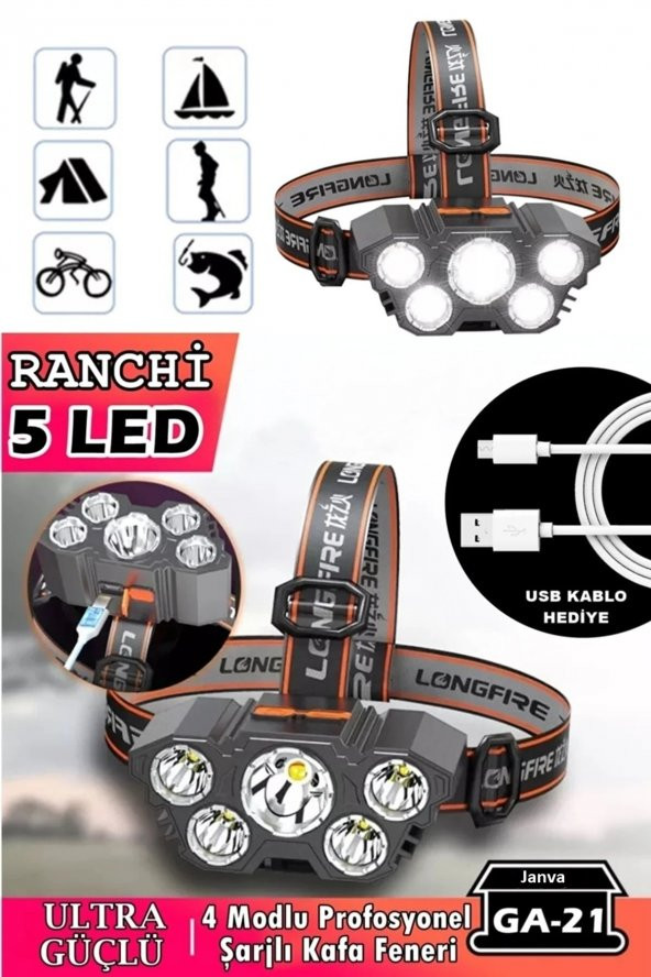 Çok Fonksiyonlu 5 Led Şarjlı Ultra Güçlü Kafa Lambası Feneri Ipx5 Su Geçirmez Litym Lion Batarya X5