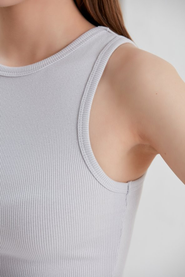 Gri Crop Bel Üstü Bayan Kaşkorse Bluz - 6