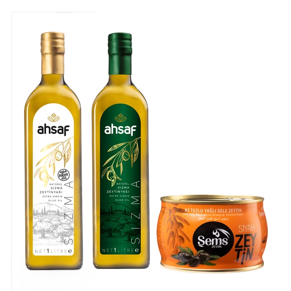 Soğuk Sıkım Natürel Sızma Zeytinyağı  1L Cam +Yağlı  Siyah Sele Zeytin 300 Gr 291-320  Kalibre + Natürel Sızma Zeytinyağı 1L -Cam (3'lü Ekonomik Paket)