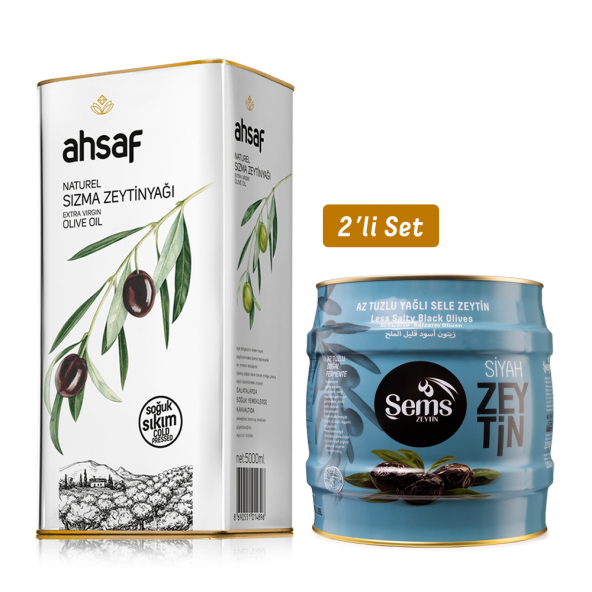 AHSAF Şems Yağlı Siyah Sele  Zeytin 2 Kg 261-290 Kalibre + Soğuk Sıkım Natürel Sızma Zeytinyağı 5L -Teneke (2'li Ekonomik Paket)