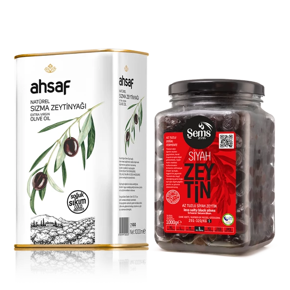 AHSAF Soğuk Sıkım Natürel Sızma Zeytinyağı 1L Teneke + Yağlı Siyah  Sele  Zeytin 1000 Gr 291-320- Cam (2'li Ekonomik Paket) - 1