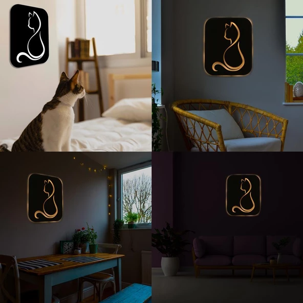Veraart Işıklı Kişiselleştirilebilir Kedi Temalı Tablo Gayne Dekoratif Gece Lambası 40 cm - 12
