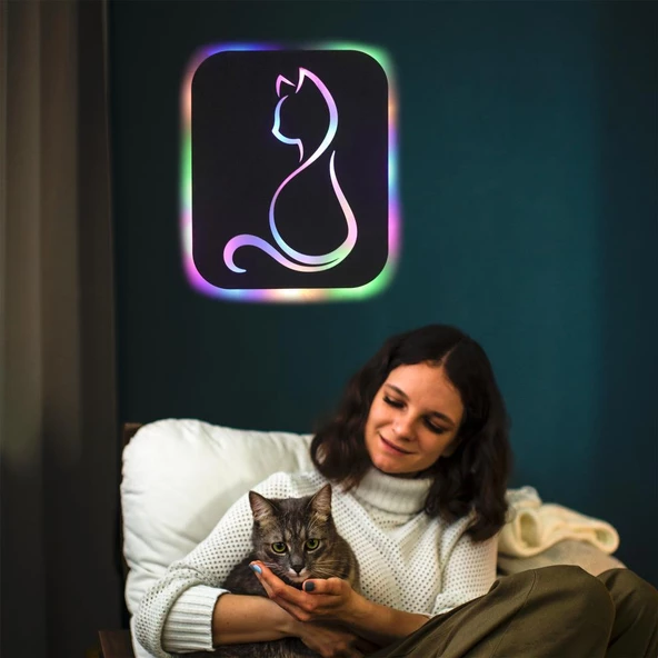 Veraart Işıklı Kişiselleştirilebilir Kedi Temalı Tablo Gayne Dekoratif Gece Lambası 40 cm - 5