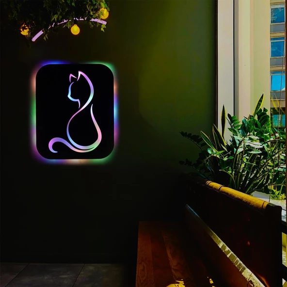 Veraart Işıklı Kişiselleştirilebilir Kedi Temalı Tablo Gayne Dekoratif Gece Lambası 40 cm - 7
