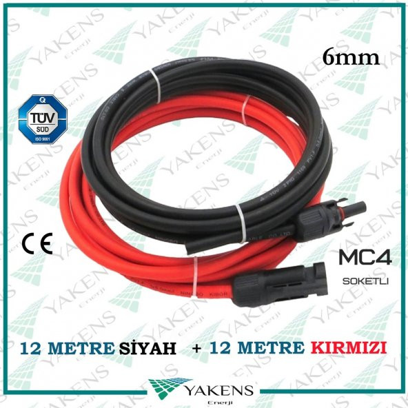 Mc4 Soketli (12m+12m) 24 Metre 6mm Güneş Paneli Hazır Solar Kablo Siyah Kırmızı