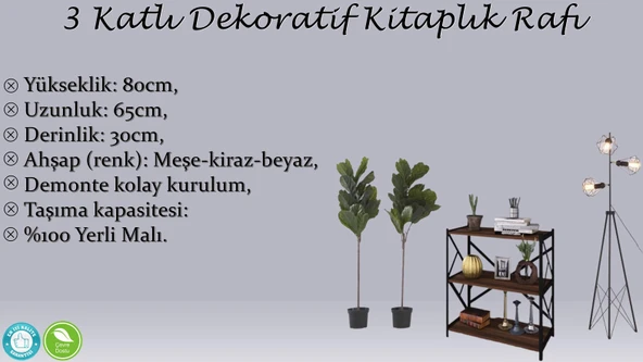 3 Katlı Kitaplık - Ahşap Duvar Rafı, Dekoratif Raf  Kiraz - Resim 4