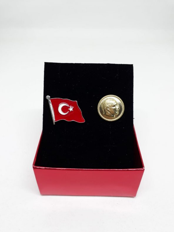 İKİLİ TÜRK BAYRAĞI VE ATATÜRK (PARA/SARI) YAKA ROZETİ - 1
