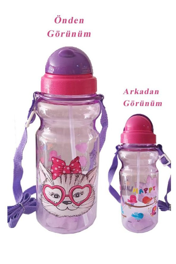Kız Çocuk Matara 500ml Mor 1 Adet Little Happy Mor Suluk Plastik Su Matarası - 3