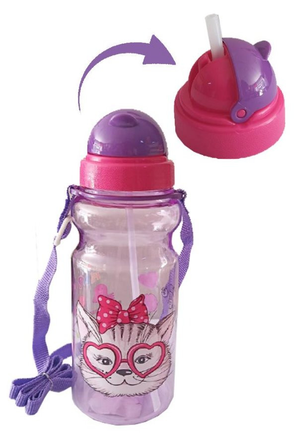 Kız Çocuk Matara 500ml Mor 1 Adet Little Happy Mor Suluk Plastik Su Matarası - 4