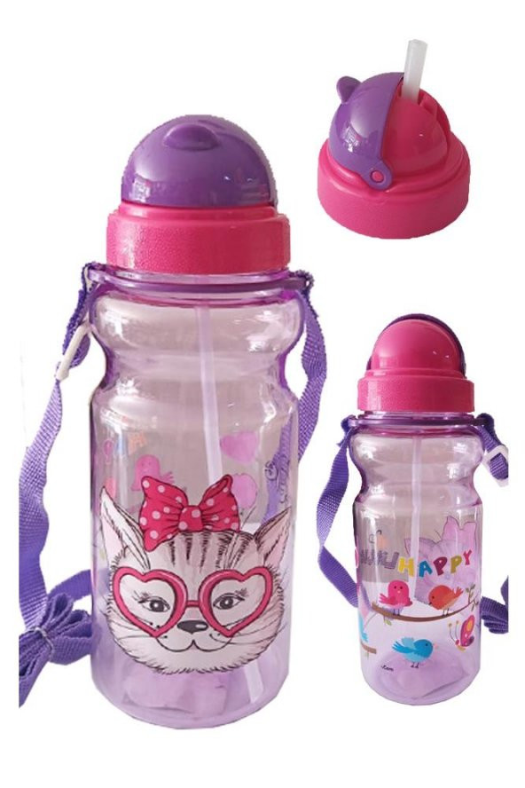 Kız Çocuk Matara 500ml Mor 1 Adet Little Happy Mor Suluk Plastik Su Matarası