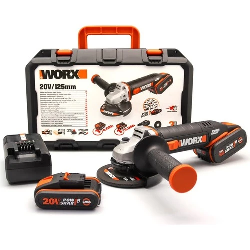 WORX WX803 20Volt 2.0/4.0 Ah. Li-ion Çift Akülü 125mm Profesyonel Şarjlı Avuç Taşlama