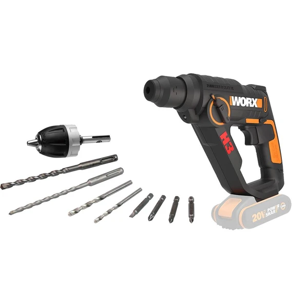 WORX WX390.9 20Volt 1.2J Profesyonel SDS-Plus Pnömatik Şarjlı Matkap + 8 Adet Uç + Mandren (Akü Dahil Değildir) - 6