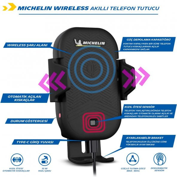 Michelin MC33368 Wireless Telefon Şarj Cihazı ve Dokunmatik Akıllı Telefon Tutucu - 8
