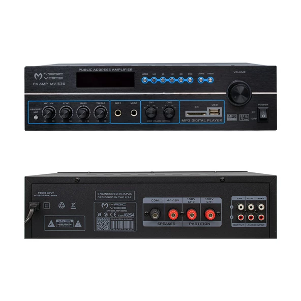 Magicvoice MV-530 120 Watt USB-SD-Bluetooth 2 Bölgeli Amfi Hat Trafolu Anfi 3 Mikrofon Girişli Kumanda Eko Ayarı - 2