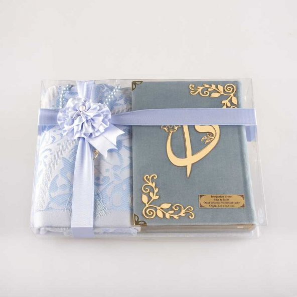 Seccade + Tesbih + Kuran Hediye Seti (Çanta Boy, Kadife, Açık Mavi) - Resim 2