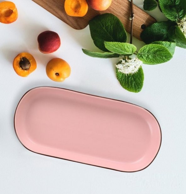 Keramika Noyan 26 cm Kayık Tabak Mat Pembe Kahverengi Fileli