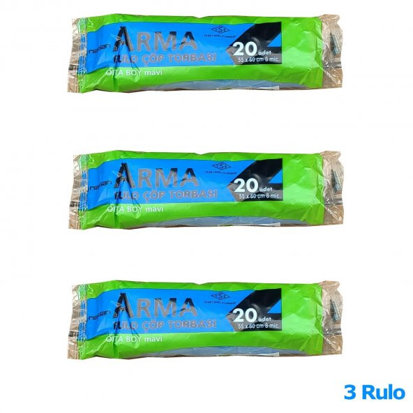 Arma Mavi Orta Boy 55 x 60 Cm. - 30 Litre Çöp Torbası Poşeti - 20 Adetlik 3 Rulo - 2