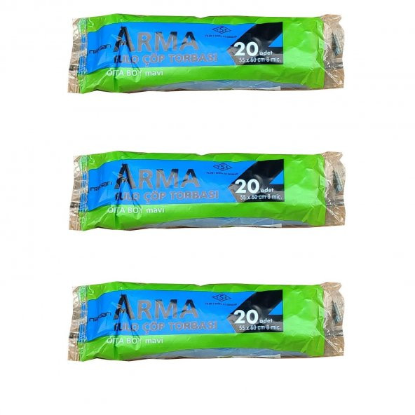 Arma Mavi Orta Boy 55 x 60 Cm. - 30 Litre Çöp Torbası Poşeti - 20 Adetlik 3 Rulo