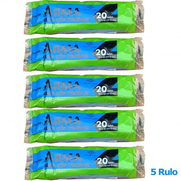 Arma Mavi Orta Boy 55 x 60 Cm. - 30 Litre Çöp Torbası Poşeti - 20 Adetlik 5 Rulo - 2