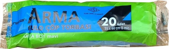 Arma Mavi Orta Boy 55 x 60 Cm. - 30 Litre Çöp Torbası Poşeti - 20 Adetlik 10 Rulo - 3
