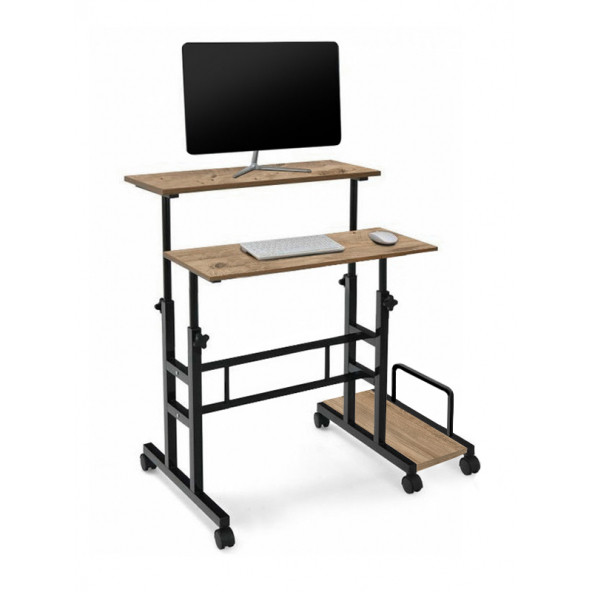 Yükseklik Ayarlı Bilgisayar/Laptop ve Çalışma Masası - Ceviz 80x60 (Tekerli ve Kasalıklı)
