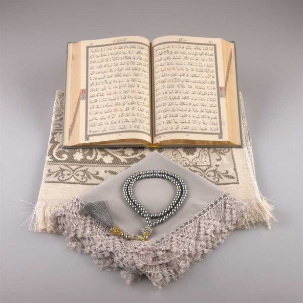 Şal + Seccade + Tesbih + Kuran Hediye Seti (Hafız Boy, Gri) - Resim 4