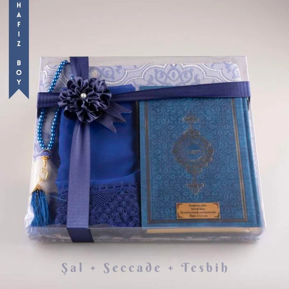Şal + Seccade + Tesbih + Kuran Hediye Seti (Hafız Boy, Lacivert) ürün görseli 1