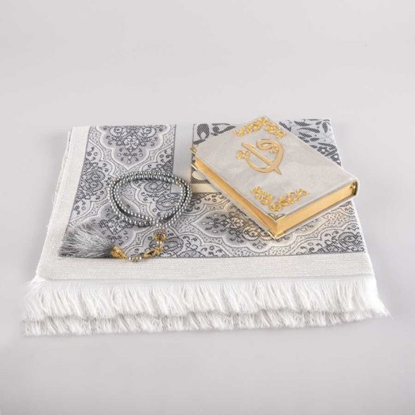 Seccade + Tesbih + Kuran Hediye Seti (Çanta Boy, Kadife, Gri) - Resim 2