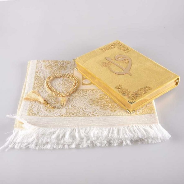 Seccade + Tesbih + Kuran Hediye Seti (Orta Boy, Kadife, Gold) - Resim 2